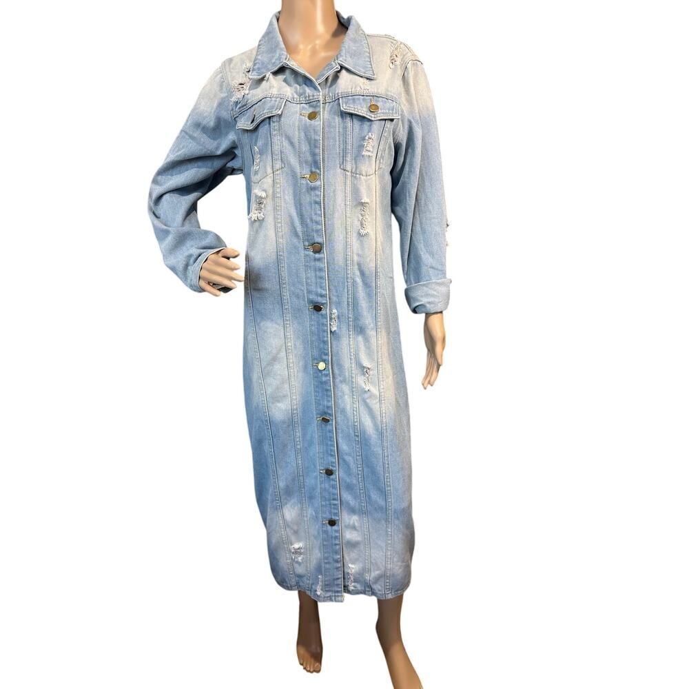 Jean Button Down Distressed Denim Long Trench Coat Duster Jacket Y2K Size Small